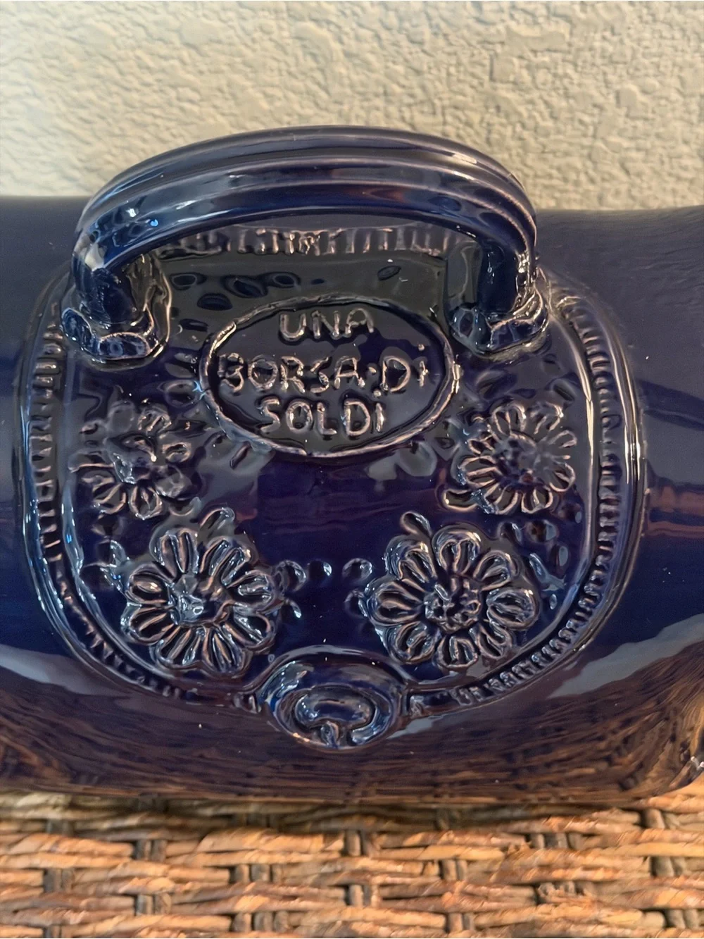 Vintage Italian Ceramic Handbag Sculpture Cobalt Blue Floral Purse Decor 10x6x4”